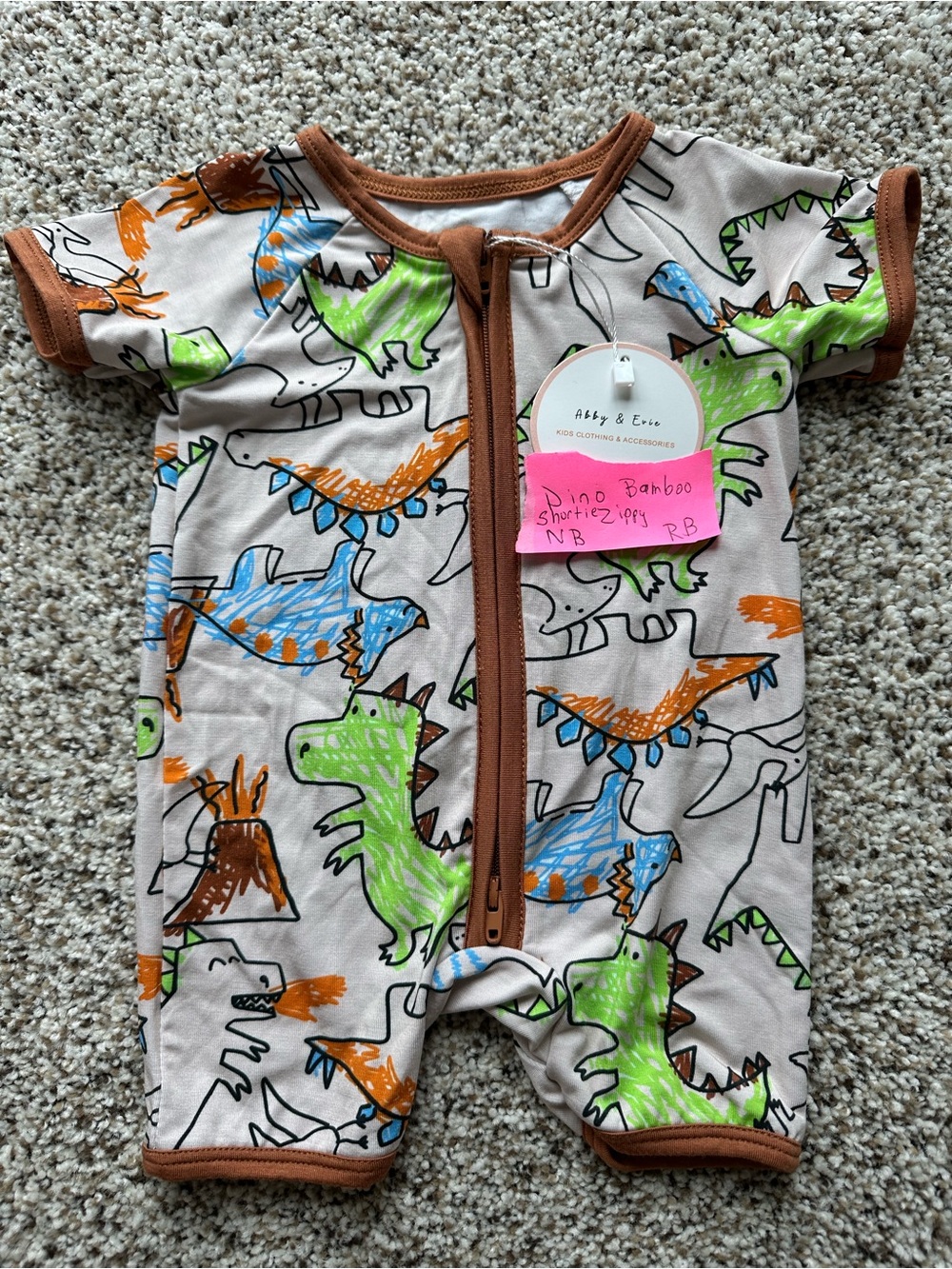 Bamboo Dino Shortie Romper - Beige with Green/Blue/Orange Dino Print